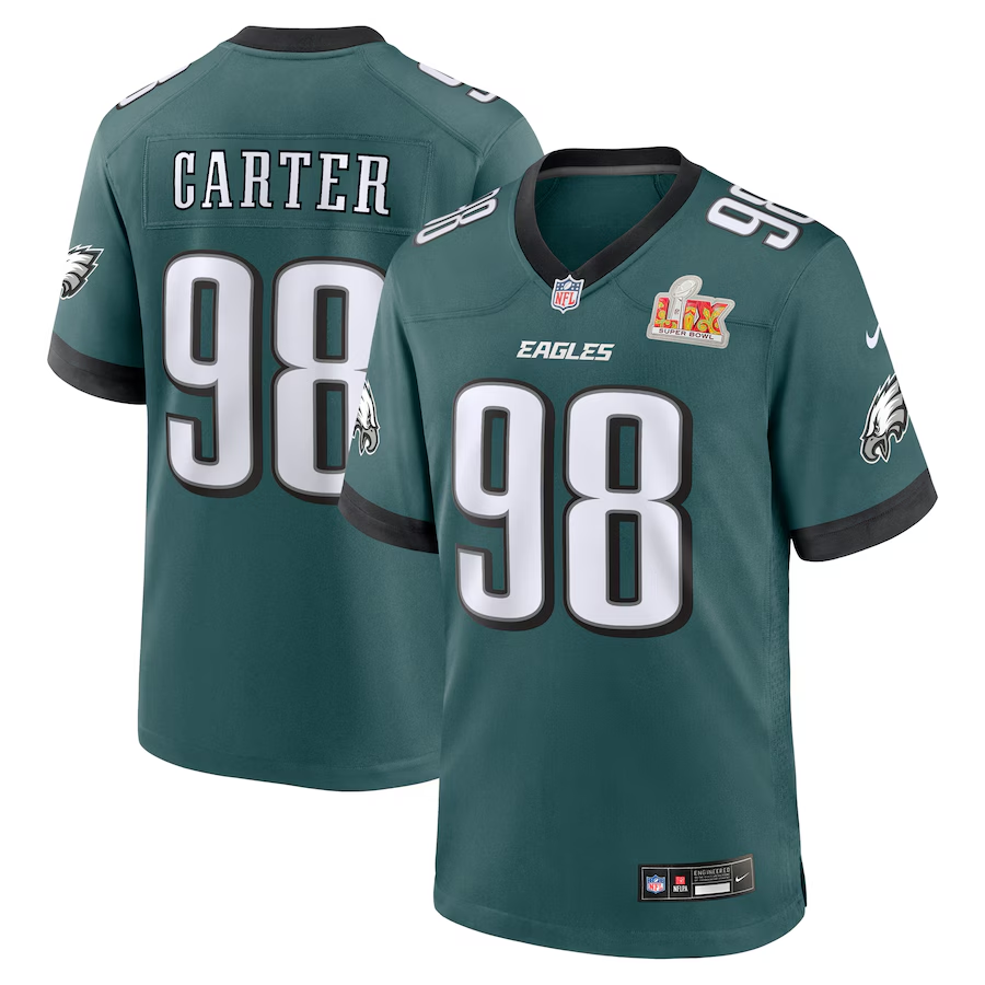 Men's Philadelphia Eagles Jalen Carter #98 Midnight Green Super Bowl LIX Jersey